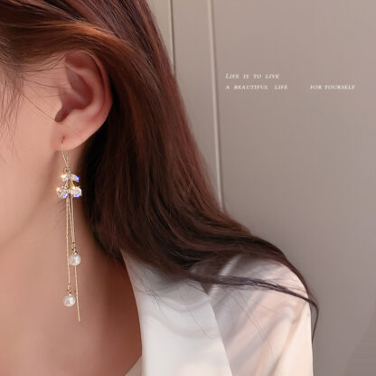 Купить 925 Silver Stud Rhinestone-Encrusted Pearl Cherry Tassel Hanging Earrings Long Elegant Earrings Korean Fashion All-Match Mori Ear Studs