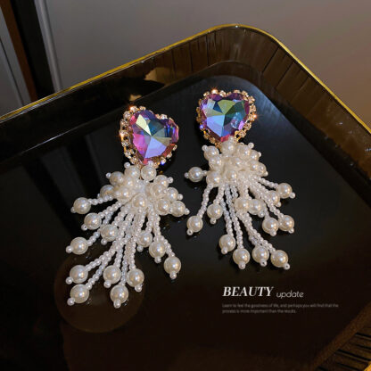 Купить 925 Silver Needle Colorful Purple Rhinestone Love Pearl Tassel Earrings European and American Fashion Creative Drop Earrings Online Influenc