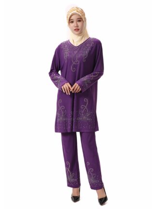 Купить Ramadan Muslim Abaya 2 Piece Set Women Prayer Garment Suits Sequins Long Shirts and Pant Islamic Clothing Moroccan Kaftan Dress