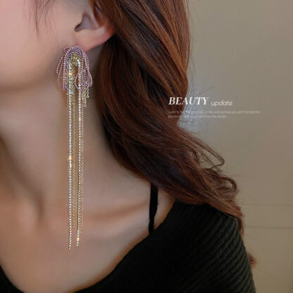 Купить 925 Silver Stud Rhinestone-Encrusted Chain Tassel Earrings Earrings European and American Fashion Long eardrop Internet Famous Personalized