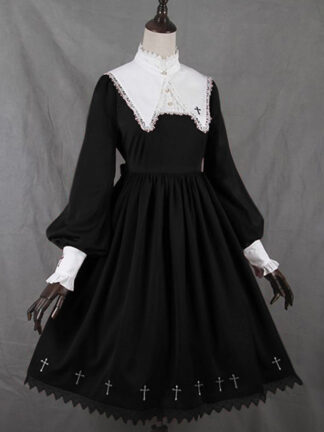 Купить Women Dress Medieval Retro Collar Lace Dress Puff Sleeve Large Swing Dress Lolita Style Girl Female Girl Gothic Vintage