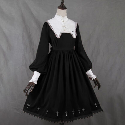 Купить Women Dress Medieval Retro Collar Lace Dress Puff Sleeve Large Swing Dress Lolita Style Girl Female Girl Gothic Vintage