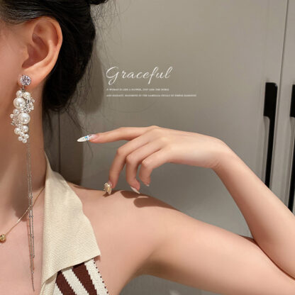 Купить 925 Silver Needle Zircon Pearl Crystal Tassel Earrings Korean Super Fairy Long Slim Face eardrop Women