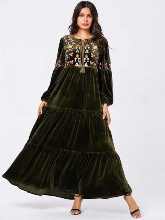 Купить Dubai Arab Muslim Hijab Dress Women Embroidery Beading Big Swing A-line Pleuche Maxi Derss Kimono Islamic Clothing Abaya Dresses
