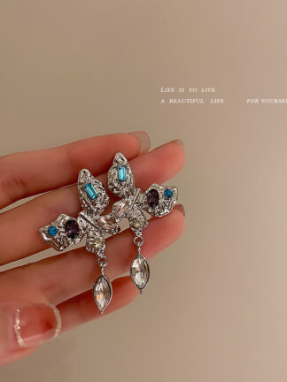 Купить 925 Silver Needle Crystal Butterfly Studs Korean Retro Minority Design Earrings Cold Style Sweet Cool Girl Trendy Earrings