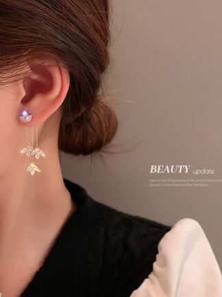 Купить Gold Plated 925 Silver Needle Zircon Leaf Tassel Earrings Korean Ins Super Fairy Girl Earrings Graceful eardrop Women