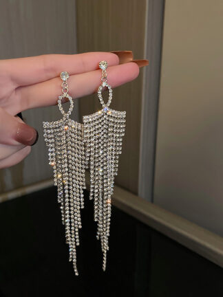 Купить 925 Silver Needle Silver Diamond-Studded Tassel Earrings European and American Fashion Exaggerated Long eardrop Graceful Online Influencer