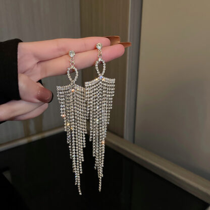 Купить 925 Silver Needle Silver Diamond-Studded Tassel Earrings European and American Fashion Exaggerated Long eardrop Graceful Online Influencer