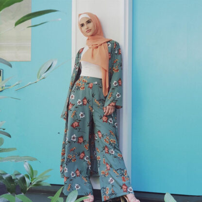 Купить Two Piece Set Top and Pants Women Cardigan Wide Leg Pant Sets Dubai Muslim Print Floral Islamic Clothing Lace-up Slim Abaya 2021