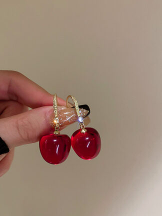 Купить Cherry Crystal Diamond Ear Hook Korean Fashion Wine Temperamental Earrings Ins Fruit Net Red eardrop