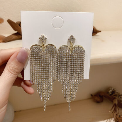 Купить 925 Silver Needle Fully Jeweled Loving Heart Long Fringe Earrings Internet Celebrity Temperament Personalied Eardrops Fashion Trend Exaggera