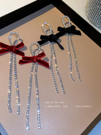 Купить 925 Silver Needle Full Diamond Bow Earrings Korean Ins Style Long Tassel Earrings High Grade Temperament Fashion eardrop Women