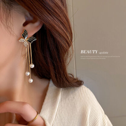 Купить 925 Silver Needle Black Diamond Love Heart Bow Tie Earrings Korean Ins Temperament Long Fringe Earringsfor Women