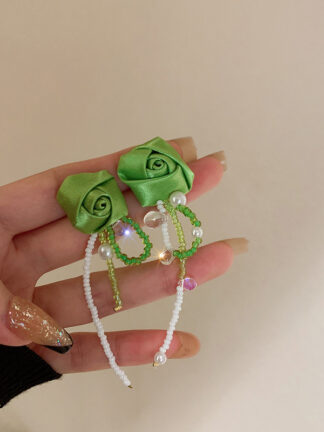 Купить 925 Silver Needle Flannel Green Rose Crystal Pearl Tassel Earrings Korean Mori Style Fresh and Cute Earrings eardrop