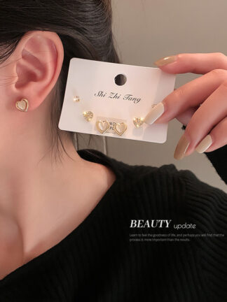 Купить Three-Piece Earrings 925 Silver Stud Rhinestone-Encrusted Opal Love Heart Earrings Korean Niche Mini eardrop Graceful