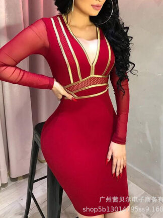 Купить Sexy Bodycon Bandage Dress Women 2021 V Ne Long Sleeve Mesh Patchwork Mini Dress Red Sheath Elegant Evening Party Club Dress