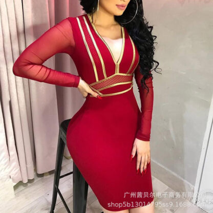 Купить Sexy Bodycon Bandage Dress Women 2021 V Ne Long Sleeve Mesh Patchwork Mini Dress Red Sheath Elegant Evening Party Club Dress