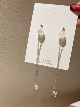 Купить Real Gold Electroplated Silver Needle Mermaid Pearl Tassel Earrings Ear Clip Integrated French Earrings Simple and Light Luxury eardrop for