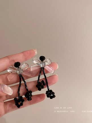 Купить 925 Silver Needle Japanese and Korean Exaggerated Cold Wind Crystal Flowers Acrylic Bow Generous Earrings Eardrops Earrings