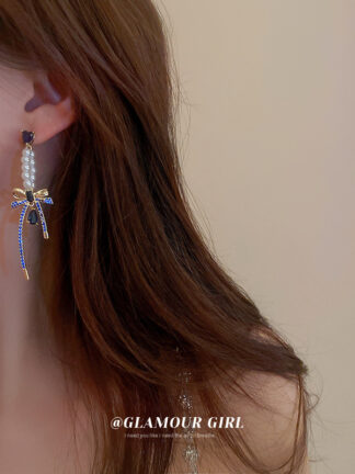Купить Silver Needle Pearl Diamond Bow Water Drop Earrings Sweet Cool Style Niche Design Stud Earrings Long eardrop Women