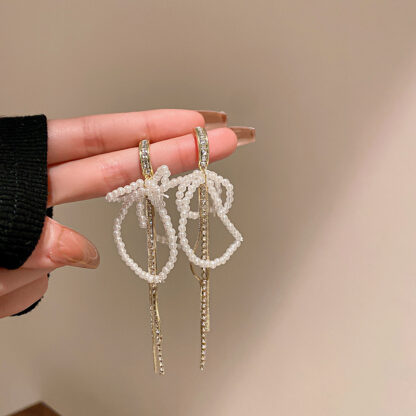 Купить Silver Stud Rhinestone-Encrusted Pearl Bow Tassel Earrings Korean Design Sense Earrings eardrop Fashion High Class Elegant Hair Accessories