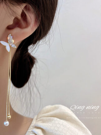 Купить 925 Silver Needle Korean Fashion Tassel Pearl Diamond Shell Butterfly Earrings Earrings Internet Celebrity Temperament Design eardrop