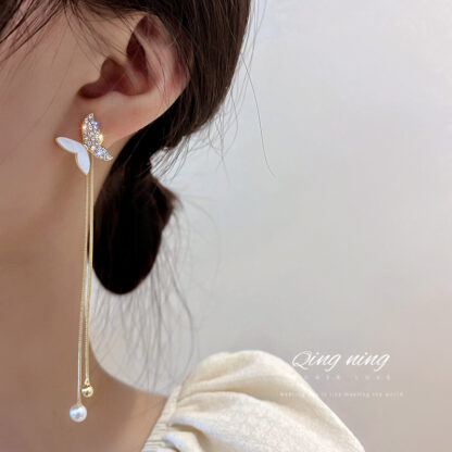 Купить 925 Silver Needle Korean Fashion Tassel Pearl Diamond Shell Butterfly Earrings Earrings Internet Celebrity Temperament Design eardrop