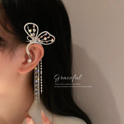 Купить Korean Fashion Personality Earrings Pearl Crystal Diamond Butterfly Left Ear Single Ear Hanging Internet Celebrity Temperament Design Earrin