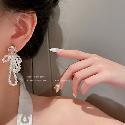 Купить 925 Silver Needle Japanese and Korean Super Fairy Simple Zircon Crystal String Beads Earrings Bow High-Key Eardrop Fashion Earrings for Wome