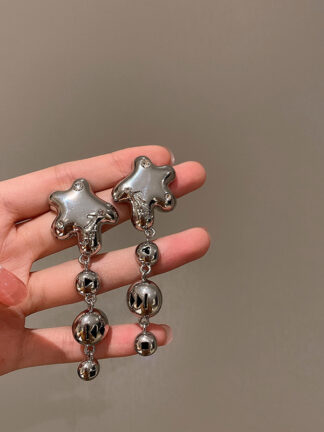 Купить 925 Silver Stud Rhinestone-Encrusted Pentagram Earrings Korean Long Sweet Cool Girl Daily Earrings Niche Normcore Bag eardrop