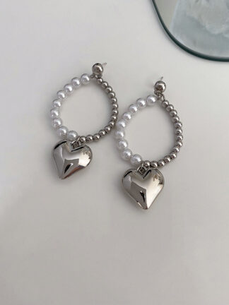 Купить 925 Silver Needle Heart Pearl Earrings Korean Ins Style Rhinestone-Encrusted Chain Eardrops Sweet Cool Girl Frosty Style eardrop Female