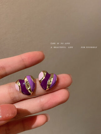Купить 925 Silver Needle Drip Glazed Purple Love Heart Stud Earrings Korean Fashion Stitching Design Earrings Ins Creative Special Interest Earring