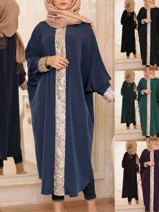 Купить Dubai Arab Islam Women Muslim Dress Casual Loose Sequin Kimono Long Robe Turkish Long Sleeve Abaya Desses Jubah Maxi Hijab Dress