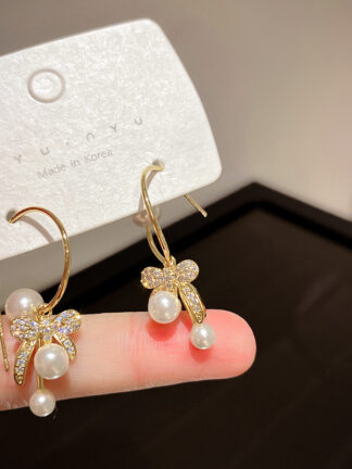 Купить Real Gold Plated 925 Silver Needle Korean Pearl Micro Inlaid Zircon Bow Earrings Earrings Temperament Design eardrop for Women