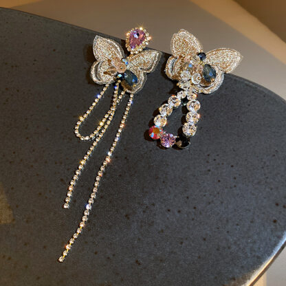 Купить 925 Silver Needle Korean Fashion New Asymmetric Diamond Crystal Butterfly Earrings Earrings Hot Selling Temperament eardrop Female