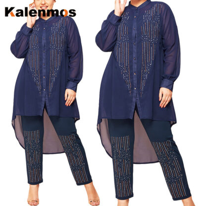 Купить African Women Two Piece Set Diamond Tops and Pants Office Lady Muslim Suits Matching Sets Work Wear Solid Trasuit Outfits
