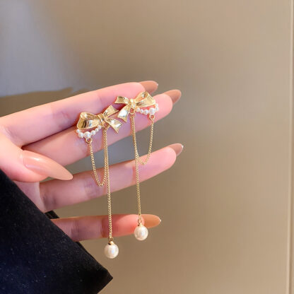 Купить 925 Silver Needle Pearl Bowknot Tassel Earrings Korean Sweet Temperamental Earrings Indie Design Fashion eardrop
