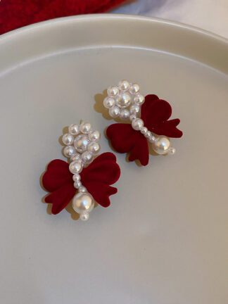 Купить 925 Silver Needle Red Flocking Bow Pearl Earrings Fashion Creative Girls Earrings South Korea Autumn/Winter eardrop