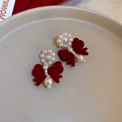 Купить 925 Silver Needle Red Flocking Bow Pearl Earrings Fashion Creative Girls Earrings South Korea Autumn/Winter eardrop