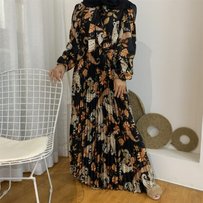 Купить Fashion Print Pleated Muslim Dress Women Moroccan Kaftan Islamic Clothing Lace-up Elegant Hijab Abaya Ramadan Vestidos Mujer