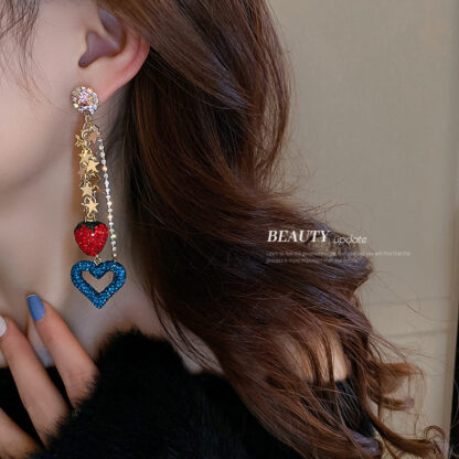 Купить Silver Stud Rhinestone-Encrusted Strawberry Love Star Tassel Earrings European and American Fashion Retro Long Earrings Personalized Tempera