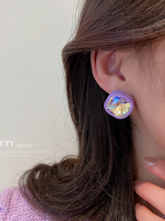 Купить Silver Needle Korea Changchun Flower Basket Purple Diamond Square Stud Earrings Fashion Personality Elegant Simple Stud eardrop Wom