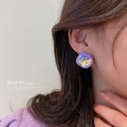 Купить Silver Needle Korea Changchun Flower Basket Purple Diamond Square Stud Earrings Fashion Personality Elegant Simple Stud eardrop Wom