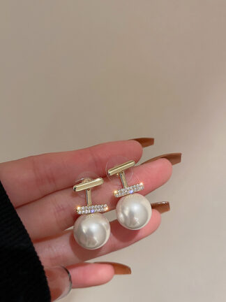 Купить Real Gold Plated 925 Silver Needle T-Shaped Zircon Pearl Earrings Niche High-Grade Light Luxury Earrings Elegant eardrop