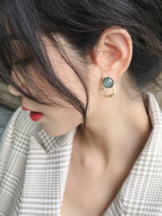 Купить 925 Silver Needle Vintage Green Brushed round Studs Women Temperament Hong Kong Style Simple Earrings Trendy eardrop Women