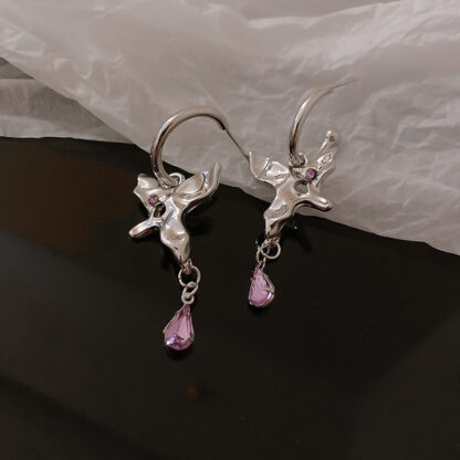 Купить 925 Silver Stud Rhinestone-Encrusted Geometric Butterfly Earrings Female Tassel Metal Design Ear Clip Sweet Cool Frosty Style Earrings Tide