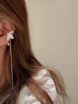 Купить Korean Dongdaemun Fashion New Personalized Trendy Pearl Lava Tin Foil Tassel Ear Clip Earrings Graceful Earrings Women