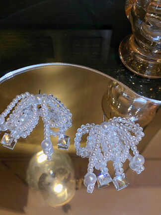 Купить 925 Silver Needle Korean Dongdaemun Fashion Crystal Pearl Bow Eardrops Earrings Fairy Temperamental Design Earrings