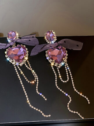 Купить 925 Silver Needle European and American Exaggerated Diamond Crystal Love Heart Bow Tie Tassel Earrings Pendant Hot Selling Temperament Earri