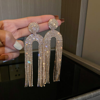Купить 925 Silver Needle U-Shaped Jellyfish Diamond-Studded Tassel Earrings Temperamental Long Eardrops Graceful European and American Fashion Exag